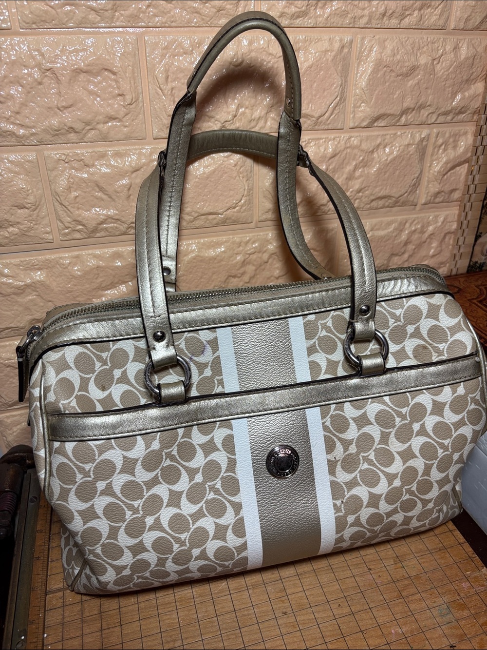 Coach Chelsea Heritage Signature Stripe Satchel Bag in Light Khaki, Silver 2010